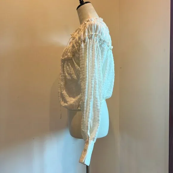 Free People Hailey Crop Long Sleeve Blouse Cuffs Boho Ivory Cream Festival S - Picture 3 of 9